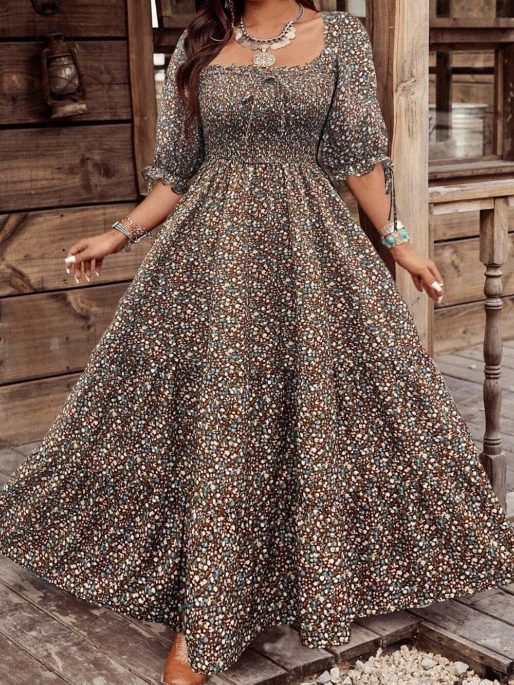 Brown & Cream Boho Women's Floral Print Long Sleeve Maxi Dress - Picture 3 of 4